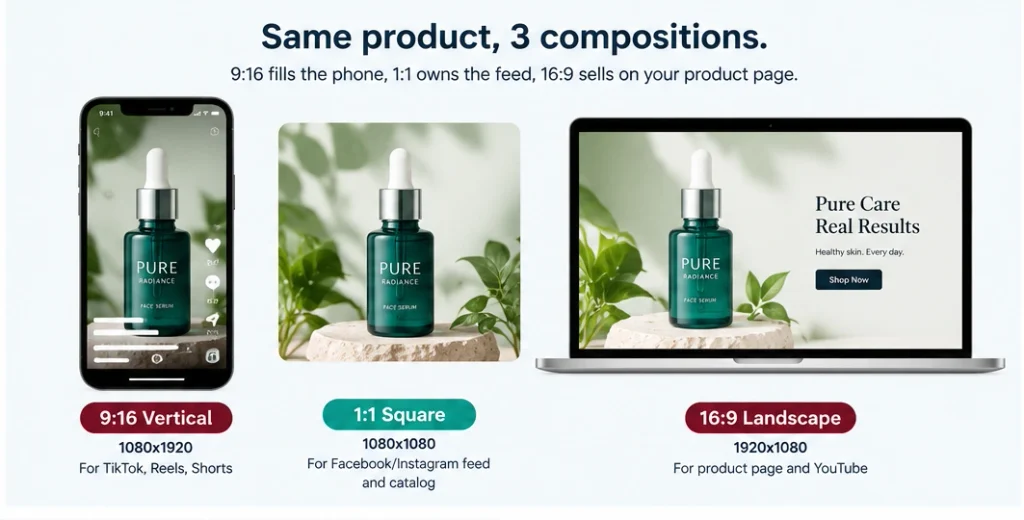 Video ad format comparison 9:16 vertical vs 1:1 square vs 16:9 landscape for Shopify ecommerce ads